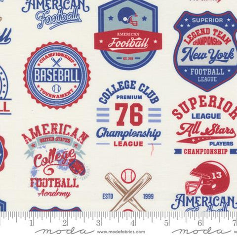 Image of the Play Ball Patchwork Chalk quilting cotton fabric by Moda Fabrics. Features novelty baseball patchwork icons on a cream background. 
Cute Little Fabric Shop