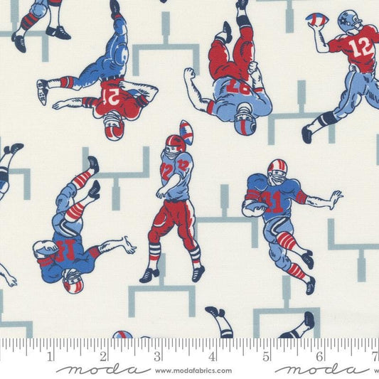 Image of the Play Ball Players Chalk quilting cotton fabric by Moda Fabrics. Features novelty football players scattered on a cream background. 
Cute Little Fabric Shop
