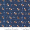 Image of the Play Ball Football Navy quilting cotton fabric by Moda Fabrics. Features novelty goal posts and footballs on a dark blue background. 
Cute Little Fabric Shop