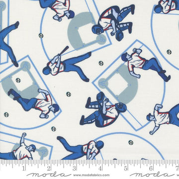 Image of the Play Ball Home Run Chalk quilting cotton fabric by Moda Fabrics. Features novelty baseball players scattered on a cream background. 
Cute Little Fabric Shop