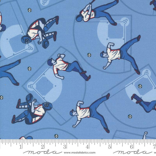 Image of the Play Ball Home Run Sky quilting cotton fabric by Moda Fabrics. Features novelty baseball players scattered on a blue background. 
Cute Little Fabric Shop