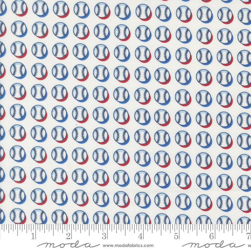 Image of the Play Ball Baseball Chalk quilting cotton fabric by Moda Fabrics. Features novelty scattered baseballs on a cream background. 
Cute Little Fabric Shop