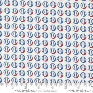 Image of the Play Ball Baseball Chalk quilting cotton fabric by Moda Fabrics. Features novelty scattered baseballs on a cream background. 
Cute Little Fabric Shop