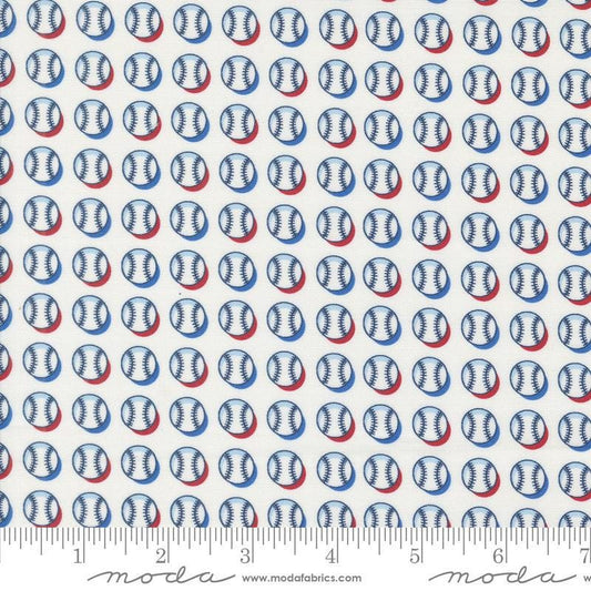 Image of the Play Ball Baseball Chalk quilting cotton fabric by Moda Fabrics. Features novelty scattered baseballs on a cream background. 
Cute Little Fabric Shop