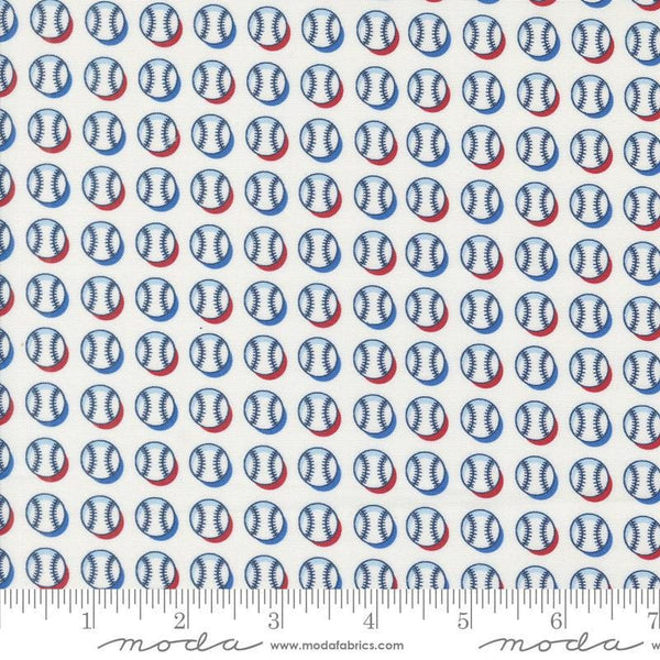 Image of the Play Ball Baseball Chalk quilting cotton fabric by Moda Fabrics. Features novelty scattered baseballs on a cream background. 
Cute Little Fabric Shop