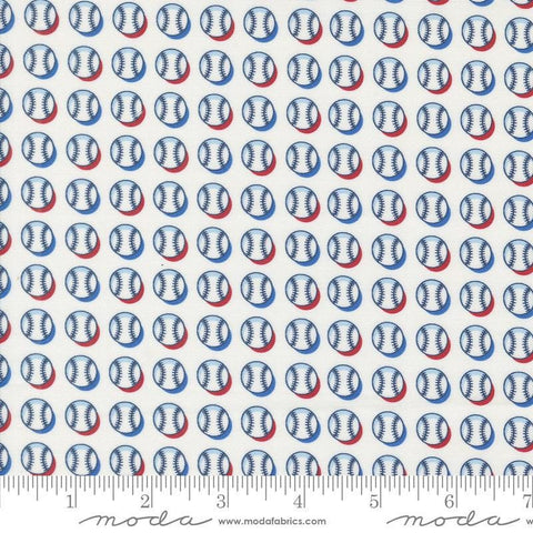 Image of the Play Ball Baseball Chalk quilting cotton fabric by Moda Fabrics. Features novelty scattered baseballs on a cream background. 
Cute Little Fabric Shop