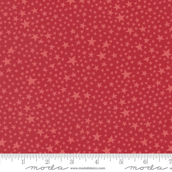 Image of the Play Ball Stars Cardinal quilting cotton fabric by Moda Fabrics. Features novelty stars on a red background. 
Cute Little Fabric Shop