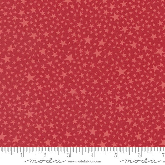Image of the Play Ball Stars Cardinal quilting cotton fabric by Moda Fabrics. Features novelty stars on a red background. 
Cute Little Fabric Shop