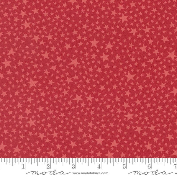 Image of the Play Ball Stars Cardinal quilting cotton fabric by Moda Fabrics. Features novelty stars on a red background. 
Cute Little Fabric Shop