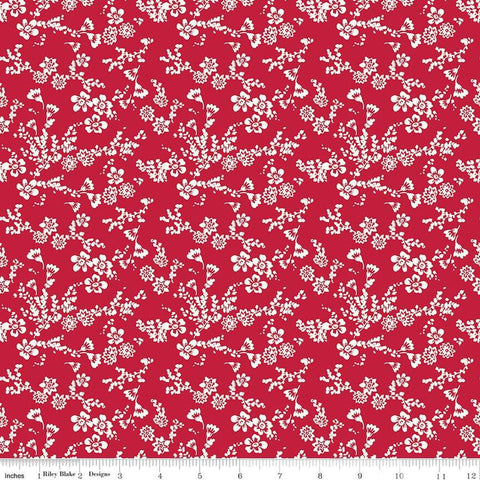 Image of the Red Delicious Velvet Red quilting cotton fabric by Riley Blake Designs. Features flowers and sprigs on a red background. 
Cute Little Fabric Shop