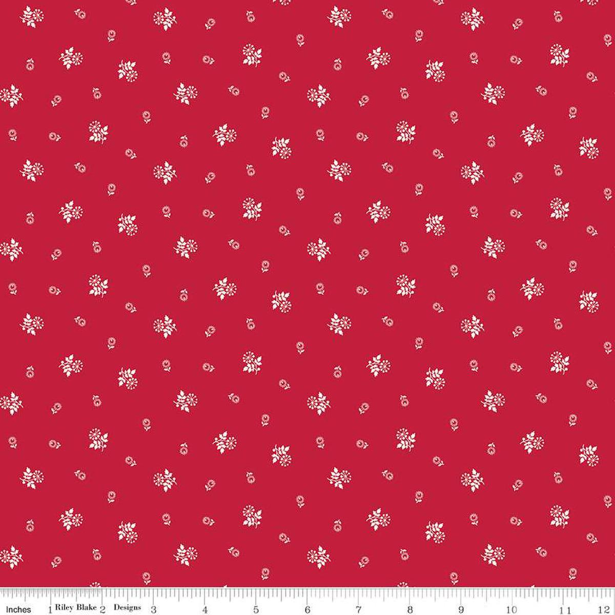 Image of the Red Delicious Raspberry Galette Red quilting cotton fabric by Riley Blake Designs. Features scattered stem flowers on a red background. 
Cute Little Fabric Shop