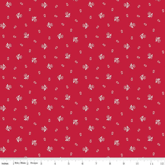 Image of the Red Delicious Raspberry Galette Red quilting cotton fabric by Riley Blake Designs. Features scattered stem flowers on a red background. 
Cute Little Fabric Shop