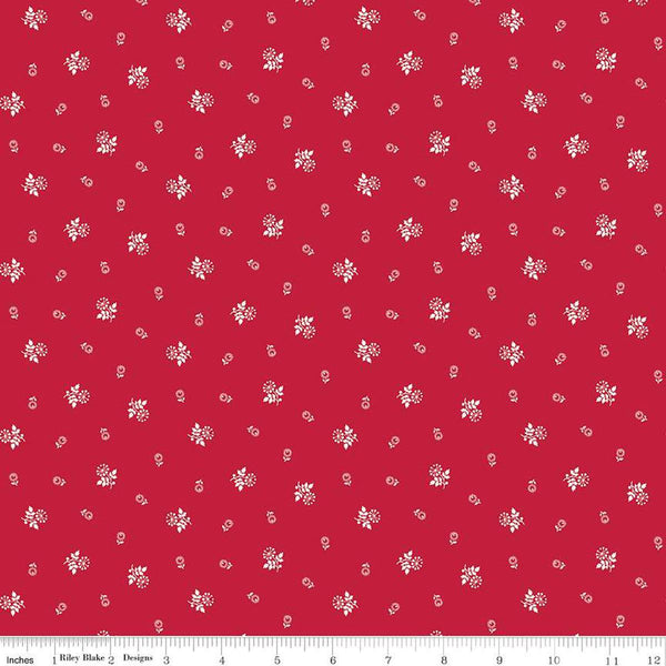 Image of the Red Delicious Raspberry Galette Red quilting cotton fabric by Riley Blake Designs. Features scattered stem flowers on a red background. 
Cute Little Fabric Shop