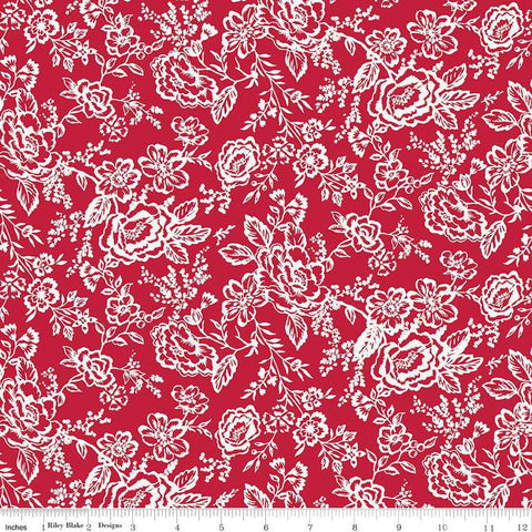 Image of the Red Delicious Apple Tart Red quilting cotton fabric by Riley Blake Designs. Features red and white flowers and leaves on a red background. 
Cute Little Fabric Shop