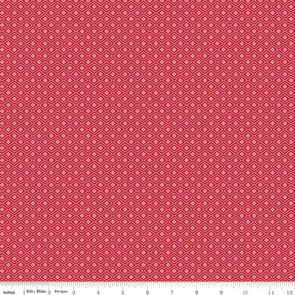 Image of the Red Delicious Passionfruit Berry
 quilting cotton fabric by Riley Blake Designs. Features a grid of blossom-filled diamonds on a pink background. 
Cute Little Fabric Shop