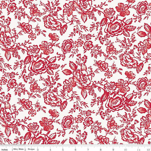 Image of the Red Delicious Apple Tart Cloud quilting cotton fabric by Riley Blake Designs. Features red and white flowers and leaves on a cloud background. 
Cute Little Fabric Shop