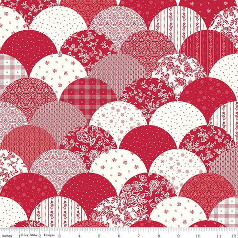 Image of the Red Delicious Scallops Cheater Print
 quilting cotton fabric by Riley Blake Designs. Features a red and white pattern-filled clamshell quilt design on a red background. 
Cute Little Fabric Shop