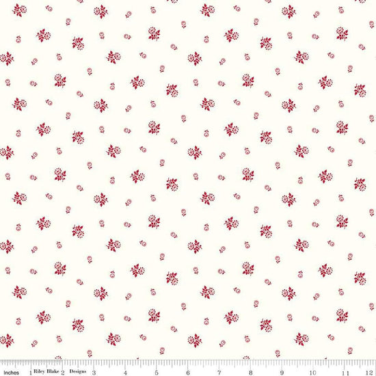 Image of the Red Delicious Raspberry Galette Cloud quilting cotton fabric by Riley Blake Designs. Features scattered stem flowers on a cream background. 
Cute Little Fabric Shop