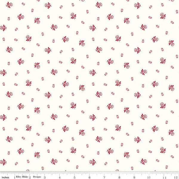 Image of the Red Delicious Raspberry Galette Cloud quilting cotton fabric by Riley Blake Designs. Features scattered stem flowers on a cream background. 
Cute Little Fabric Shop