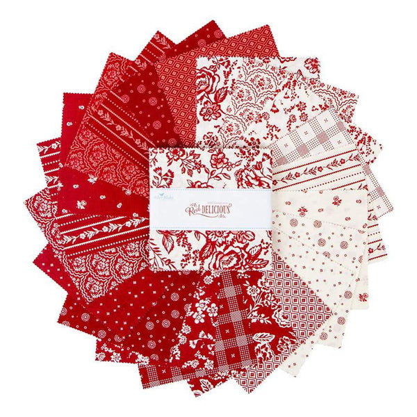 Image of the Red Delicious 5 Inch Stacker by Riley Blake Designs. Features floral fabrics on red and white backgrounds. 
Cute Little Fabric Shop