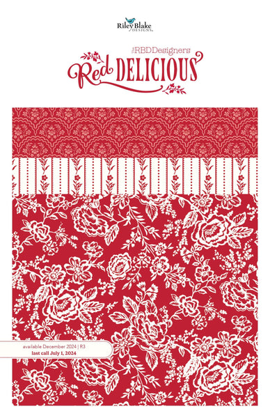 Image of the Red Delicious Storyboard by Riley Blake Designs. Features floral fabrics on red and white backgrounds. 
Cute Little Fabric Shop