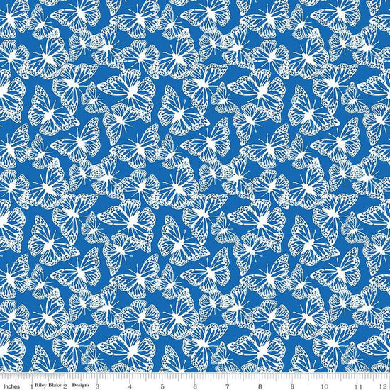 Image of the Friendship Florals Butterflies Cobalt quilting cotton fabric by Diane Labombarbe for Riley Blake Designs. Features butterflies scattered on a blue background.
Cute Little Fabric Shop