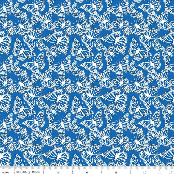 Image of the Friendship Florals Butterflies Cobalt quilting cotton fabric by Diane Labombarbe for Riley Blake Designs. Features butterflies scattered on a blue background.
Cute Little Fabric Shop