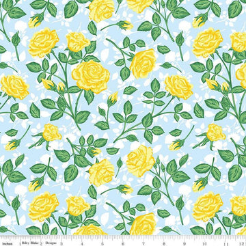 Image of the Friendship Florals Roses Sky quilting cotton fabric by Diane Labombarbe for Riley Blake Designs. Features roses and leaves on a blue background.
Cute Little Fabric Shop