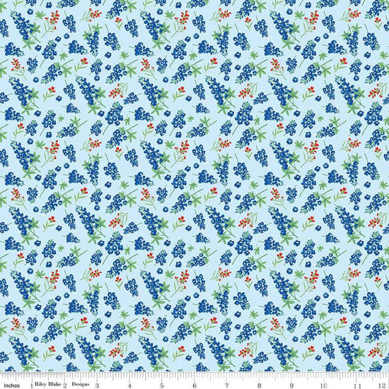Image of the Friendship Florals Bluebonnets Sky
 quilting cotton fabric by Diane Labombarbe for Riley Blake Designs. Features scattered sprigs of bluebonnets on a blue background.
Cute Little Fabric Shop