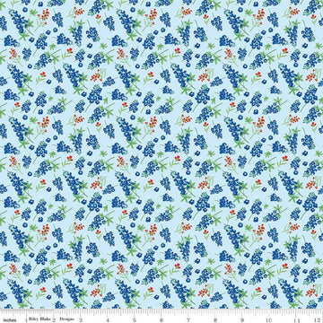 Image of the Friendship Florals Bluebonnets Sky
 quilting cotton fabric by Diane Labombarbe for Riley Blake Designs. Features scattered sprigs of bluebonnets on a blue background.
Cute Little Fabric Shop