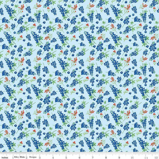 Image of the Friendship Florals Bluebonnets Sky
 quilting cotton fabric by Diane Labombarbe for Riley Blake Designs. Features scattered sprigs of bluebonnets on a blue background.
Cute Little Fabric Shop