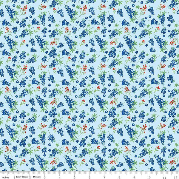 Image of the Friendship Florals Bluebonnets Sky
 quilting cotton fabric by Diane Labombarbe for Riley Blake Designs. Features scattered sprigs of bluebonnets on a blue background.
Cute Little Fabric Shop