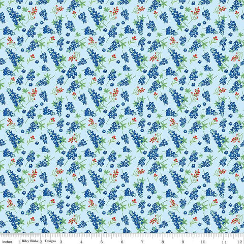 Image of the Friendship Florals Bluebonnets Sky
 quilting cotton fabric by Diane Labombarbe for Riley Blake Designs. Features scattered sprigs of bluebonnets on a blue background.
Cute Little Fabric Shop