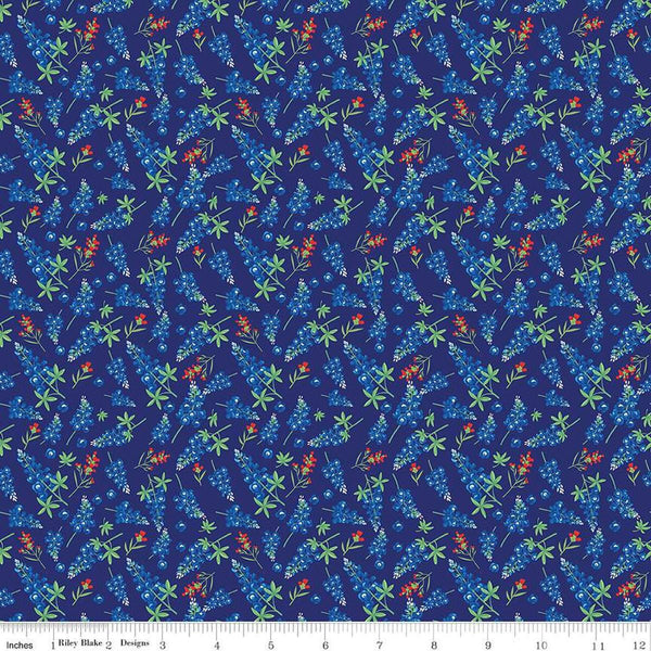 Image of the Friendship Florals Bluebonnets Royal
 quilting cotton fabric by Diane Labombarbe for Riley Blake Designs. Features scattered sprigs of bluebonnets on a blue background.
Cute Little Fabric Shop