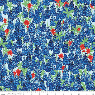 Image of the Friendship Florals Main Sky
 quilting cotton fabric by Diane Labombarbe for Riley Blake Designs. Features a field of bluebonnet flowers on a blue background.
Cute Little Fabric Shop