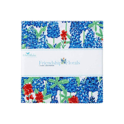 Image of the Friendship Florals 5 Inch Stacker by Diane Labombarbe for Riley Blake Designs. Features floral fabrics on blue, yellow, and green backgrounds. 
Cute Little Fabric Shop