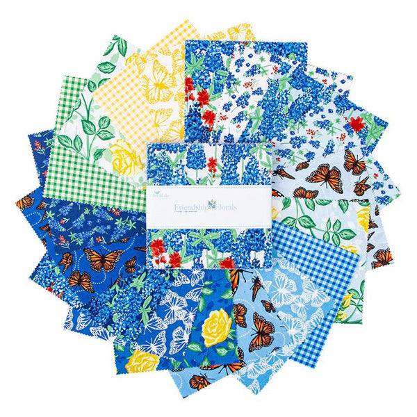 Image of the Friendship Florals 5 Inch Stacker by Diane Labombarbe for Riley Blake Designs. Features floral fabrics on blue, yellow, and green backgrounds. 
Cute Little Fabric Shop