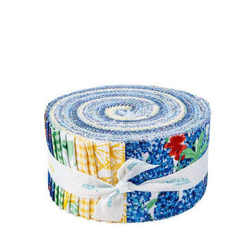 Image of the Friendship Florals Rolie Polie by Diane Labombarbe for Riley Blake Designs. Features floral fabrics on blue, yellow, and green backgrounds. 
Cute Little Fabric Shop