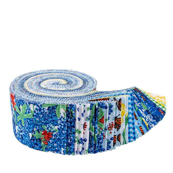 Image of the Friendship Florals Rolie Polie by Diane Labombarbe for Riley Blake Designs. Features floral fabrics on blue, yellow, and green backgrounds. 
Cute Little Fabric Shop