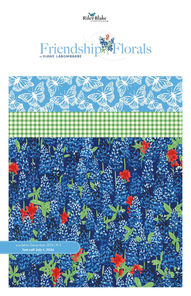 Image of the Friendship Florals Storyboard by Diane Labombarbe for Riley Blake Designs. Features floral fabrics on blue, yellow, and green backgrounds. 
Cute Little Fabric Shop