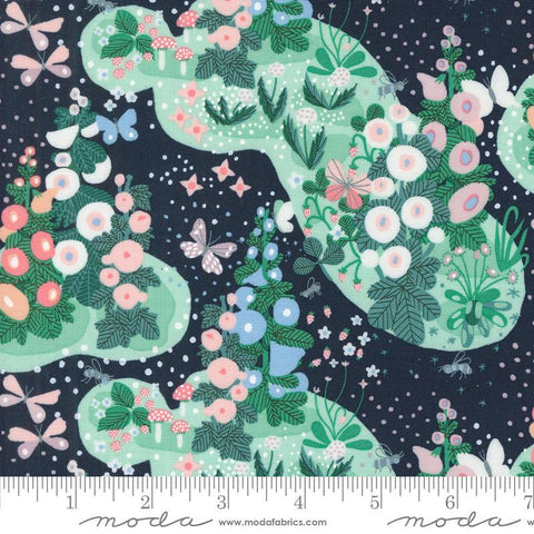 Image of the Love Letter Garden Peacoat quilting cotton fabric by Lizzy House for Moda Fabrics. Features flowers and nature on a blue background. Cure Little Fabric Shop