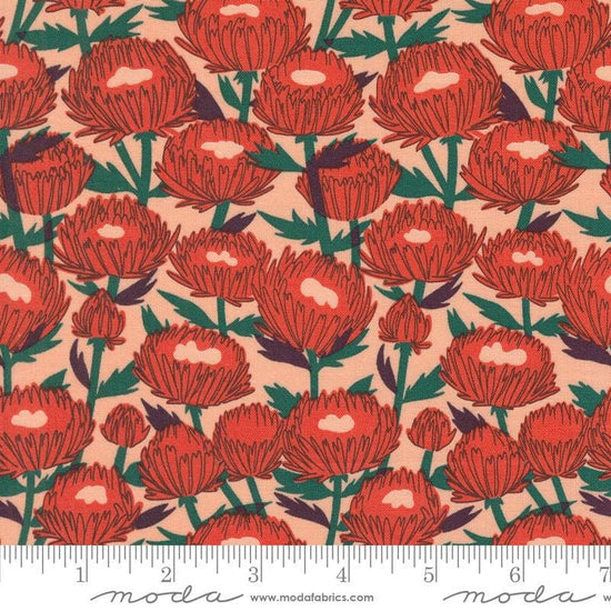 Image of the Love Letter Florals Peach quilting cotton fabric by Lizzy House for Moda Fabrics. Features swans on a red background. Cure Little Fabric Shop