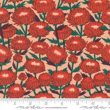 Image of the Love Letter Florals Peach quilting cotton fabric by Lizzy House for Moda Fabrics. Features swans on a red background. Cure Little Fabric Shop