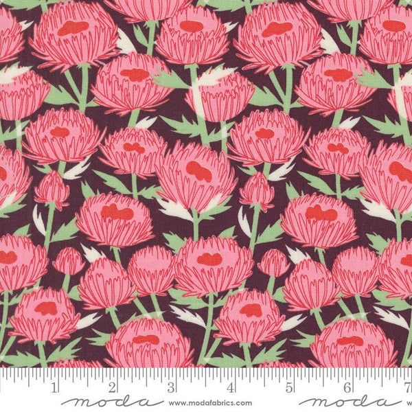 Image of the Love Letter Florals Merlot quilting cotton fabric by Lizzy House for Moda Fabrics. Features swans on a red background. Cure Little Fabric Shop