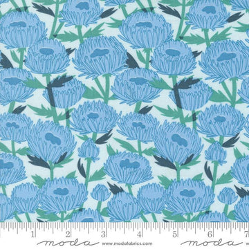 Image of the Love Letter Florals Lightest Blue quilting cotton fabric by Lizzy House for Moda Fabrics. Features swans on a blue background. Cure Little Fabric Shop