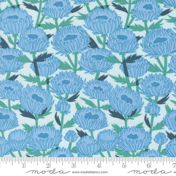 Image of the Love Letter Florals Lightest Blue quilting cotton fabric by Lizzy House for Moda Fabrics. Features swans on a blue background. Cure Little Fabric Shop