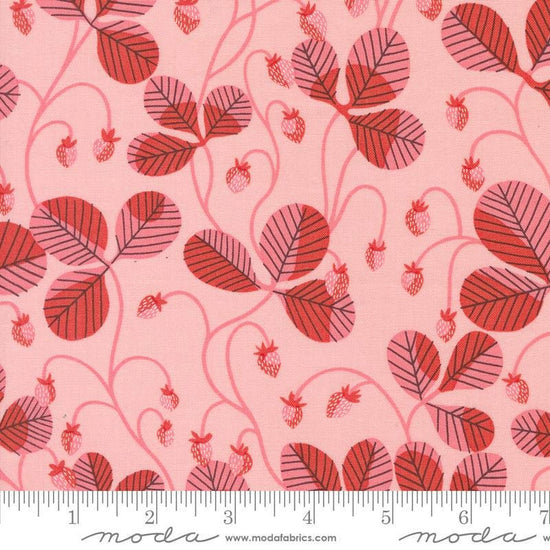 Image of the Love Letter Strawberry Light Pink quilting cotton fabric by Lizzy House for Moda Fabrics. Features strawberries on a pink background. Cure Little Fabric Shop