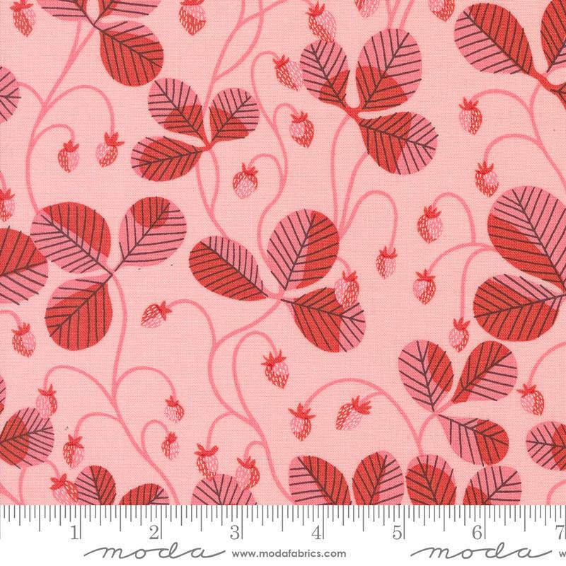 Image of the Love Letter Strawberry Light Pink quilting cotton fabric by Lizzy House for Moda Fabrics. Features strawberries on a pink background. Cure Little Fabric Shop