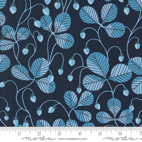 Image of the Love Letter Strawberry Peacoat quilting cotton fabric by Lizzy House for Moda Fabrics. Features strawberries on a blue background. Cure Little Fabric Shop