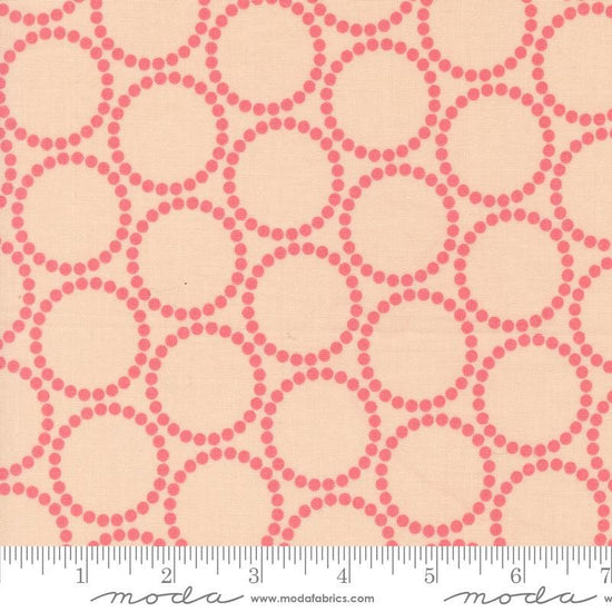 Image of the Love Letter Dots Pink Strawberries quilting cotton fabric by Lizzy House for Moda Fabrics. Features dotted circles on a pink background. Cure Little Fabric Shop